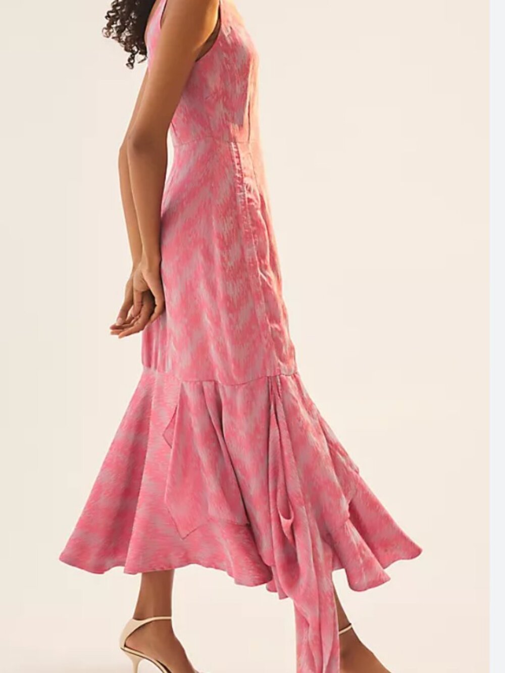 Anthropologie Pink Sleeveless Ruffled Maxi Dress with Side Ruched Detail